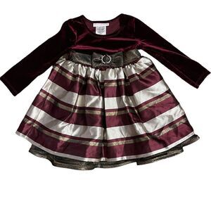Bonnie Baby Holiday Formal Dress Burgundy Velvet Gold 18M